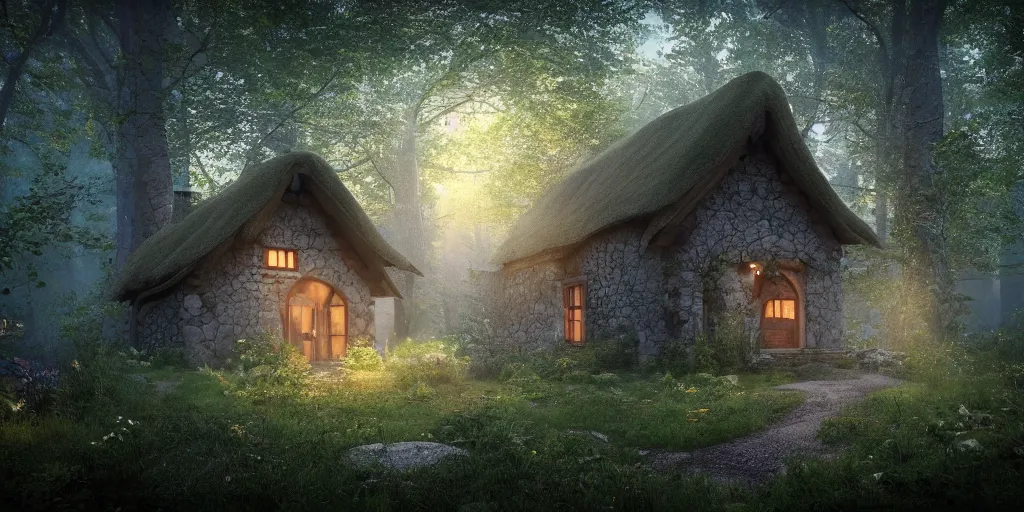 Prompt: a cottage in the woods, fantasy, hyper realistic, dramatic lighting, 8k