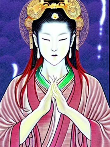 Prompt: guan yin, goddess of mercy : : digital illustration, concept art, character design : : illustrated by miho hirano, masaaki sasamoto, hosukai
