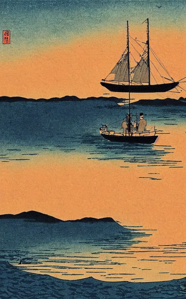 Prompt: 🌅 ⛵. shin - hanga.