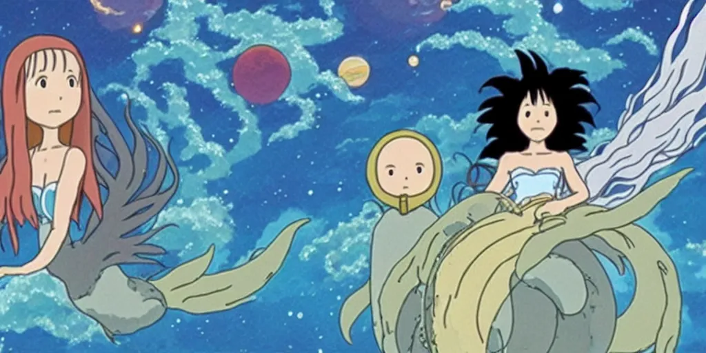 Image similar to studio ghibli animation about a space mermaid film