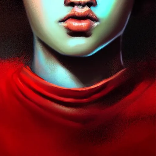 Image similar to colorful and festive captivating teenager with straight brown hair covering his eye, dark skin, big lips, big eyes, wearing a red t - shirt. rich vivid colors, ambient lighting, dynamic lighting, 4 k, atmospheric lighting, painted, intricate, highly detailed by charlie bowater