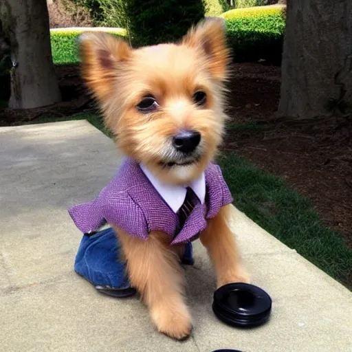 Prompt: Cute little dog impersonating a business person