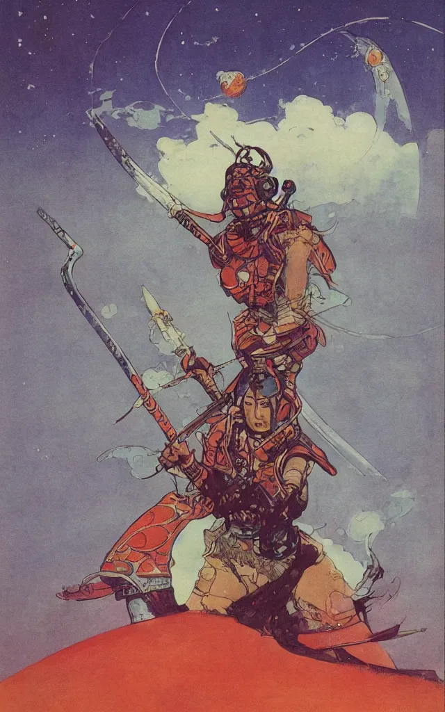 Image similar to on a strange vintage scifi planet, a samurai wizard warrior goddess with large sword, vintage scifi poster, winslow homer, moebius, roger dean, artstation