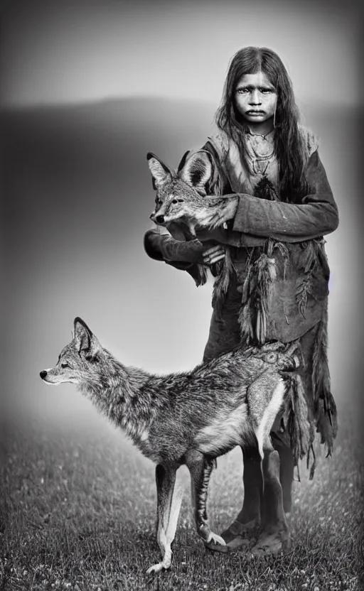 Image similar to Award winning Editorial photo of a Iroquois Native petting a wild coyote by Edward Sherriff Curtis and Lee Jeffries, 85mm ND 5, perfect lighting, gelatin silver process