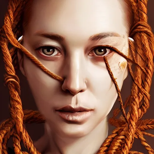 Image similar to portrait of a Shibari rope wrapped face and neck, headshot, insanely nice professional hair style, dramatic hair color, digital painting, of a old 15th century, old cyborg merchant, amber jewels, baroque, ornate clothing, scifi, realistic, hyperdetailed, chiaroscuro, concept art, art by Franz Hals and Jon Foster and Ayami Kojima and Amano and Karol Bak,