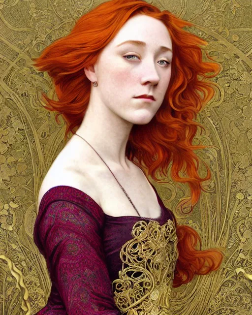 Prompt: intricate art nouveau oil painting of redheaded young saoirse ronan or redheaded millie bobby brown with long hair blowing in the wind, wearing an intricate gold lace dress, highly detailed, intricate, elegant, digital painting, smooth, sharp focus, illustration, ultra realistic, 8 k, by bouguereau, alphonse mucha, artgerm, and donato giancola