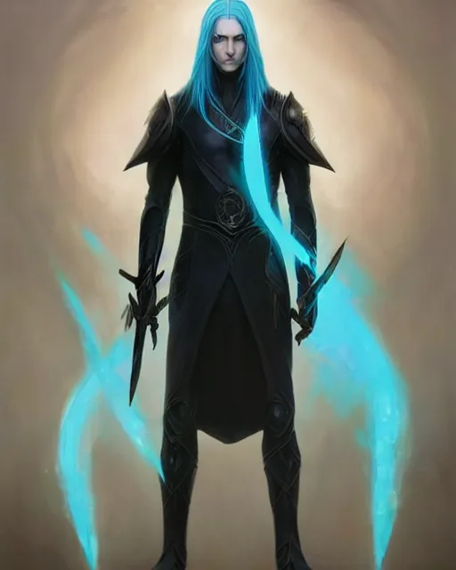 Image similar to character portrait of a slender young half elven man with white hair, piercing turquoise blue eyes, and pale blue skin, wearing sleek black armor, by greg rutkowski, mark brookes, jim burns, tom bagshaw, trending on artstation