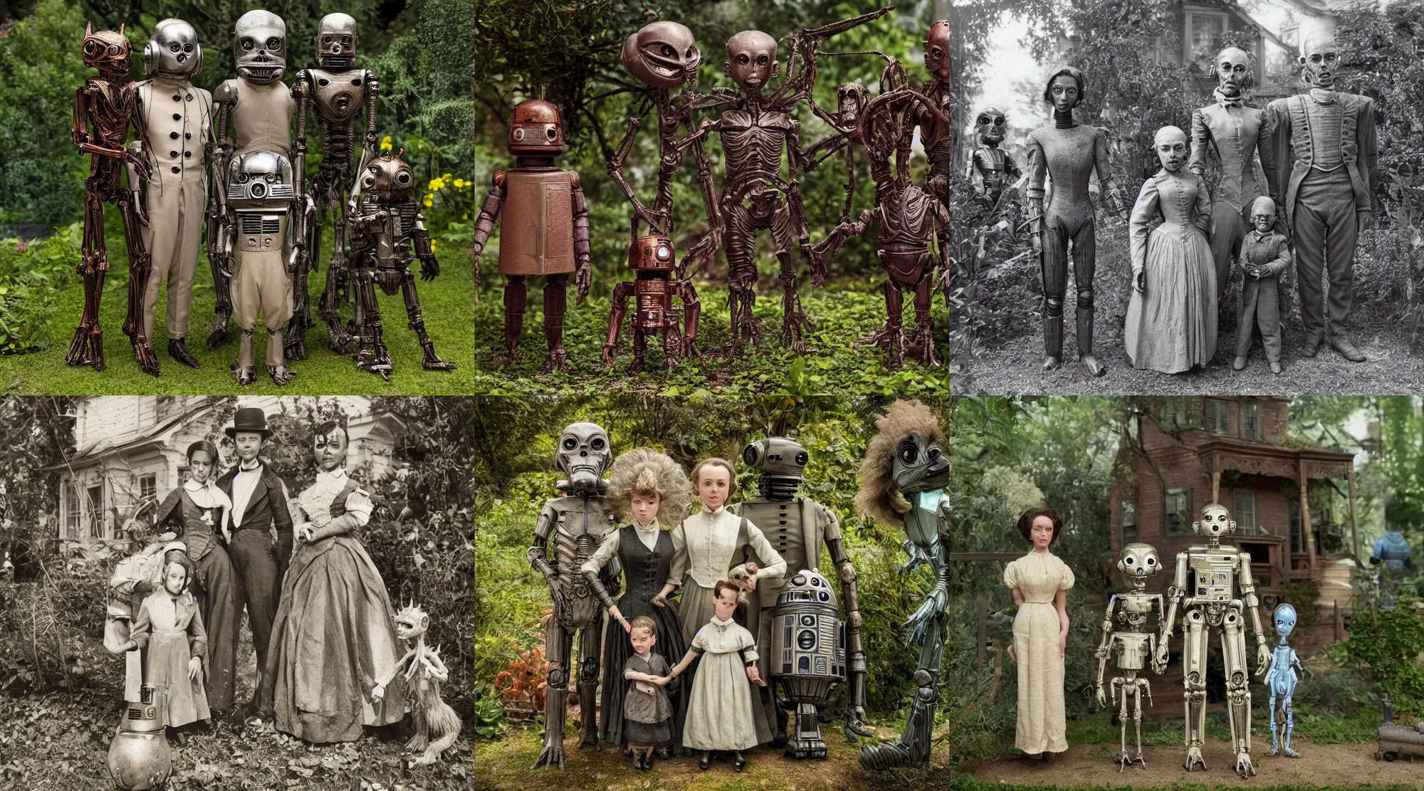 Prompt: detailed, sharp, a family standing with their cute pet humanoid alien creature and droid, wearing 1860s era clothes, in the garden of a house on an strange alien planet, extremely highly detailed, hyperrealistic, highly detailed faces, 70 mm still from a period sci fi movie, 4k