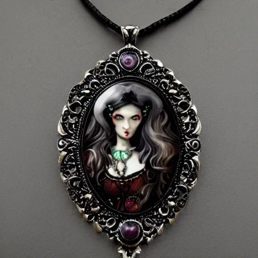 Image similar to semi - realistic gothic style big necklace with rococo ornamental bezel and a pendant of a dark style vampiress artistic necklace