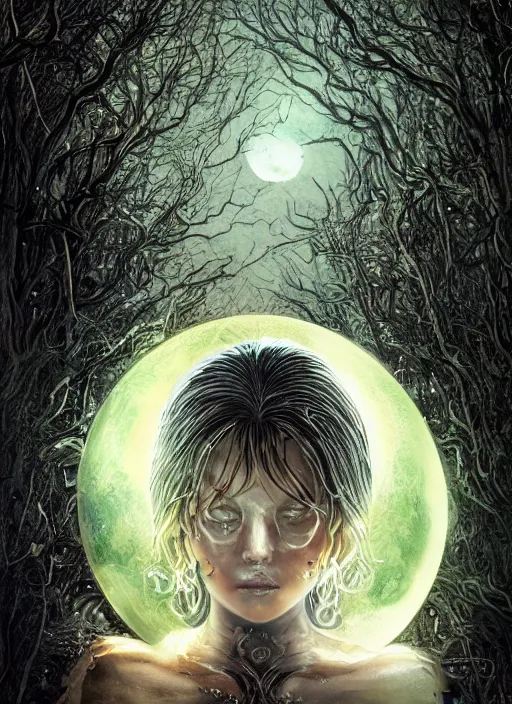 Image similar to glowing silver and golden elements, full close-up portrait, A beautiful dark witch in front of the full big moon, book cover, green forest, red white black colors, establishing shot, extremly high detail, foto realistic, cinematic lighting, pen and ink, intricate line drawings, by Yoshitaka Amano, Ruan Jia, Kentaro Miura, Artgerm, post processed, concept art, artstation, matte painting, style by eddie, raphael lacoste, alex ross