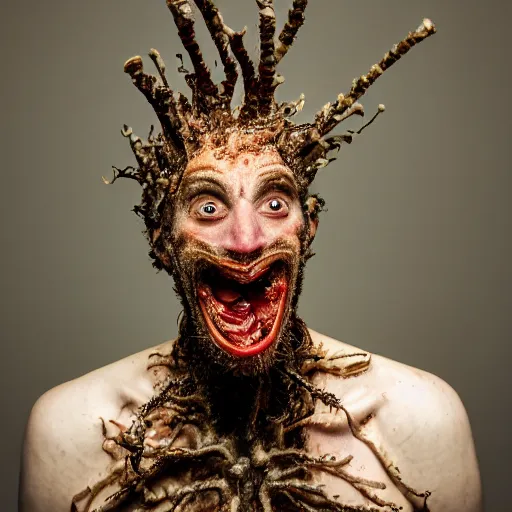 Image similar to long shot photo of a man where his skin is covered with dendritic cordyceps militaris, mouth open, style by david cronenberg, large format full frame photography