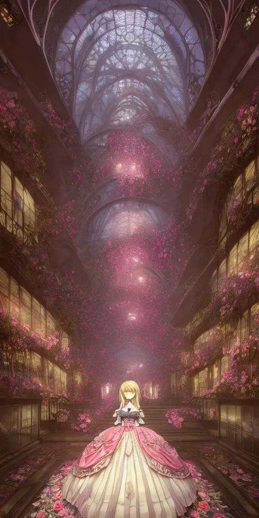 Image similar to the beautiful hyperdetailed physical rendering of a single rose wedding gothic lolita dress clothing design display in exhibition hall, perfectly shaded, atmospheric lighting, in the style of makoto shinkai raphael lacoste louis comfort tiffany stanley artgerm lau wlop rossdraws beeple, surrealistic style, 8 k hd, 3 drender