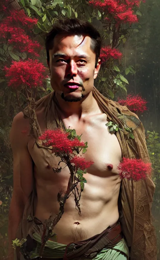 Prompt: elon musk god of the forest, 3 0 years old, rugged, male, gorgeous, detailed face, ottoman, amazing, thighs, flowers, muscular, intricate, highly detailed, digital painting, artstation, concept art, sharp focus, illustration, art by greg rutkowski and alphonse mucha