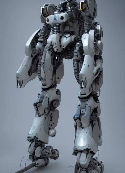 Image similar to a Photorealistic dramatic hyperrealistic render of a futuristic exosuit warrior Mech,Ultra realistic details,glossy white metal by Vitaly Bulgarov and Mike Nash,Beautiful dramatic dark moody tones and lighting,cinematic atmosphere,studio lighting,shadows,dark background, Octane render,8K