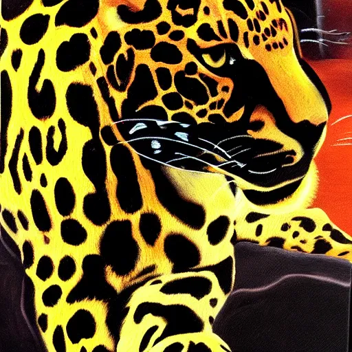 Image similar to a jaguar velvet painting, kitcsh inspired by edgar leetag, paint on black velvet canvas, american velvet painting, veveltaria