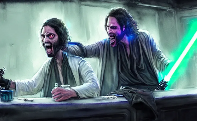 Image similar to an accurate realistic star wars watercolor fantasy concept art of a drug dealer that looks like chris d'elia screaming in a sleazy futuristic bar of coruscant, hq, 4 k