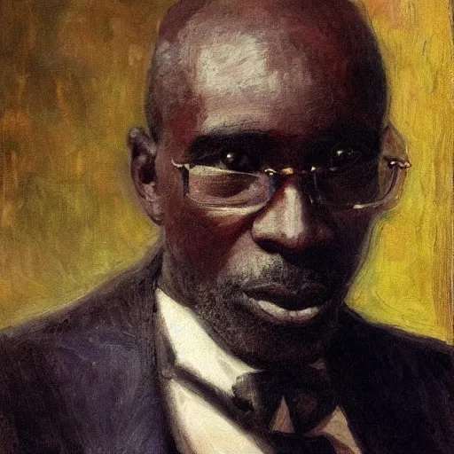 Prompt: a painting of a elegant, well fed, smooth-chinned, long nose, African, elder with few eyebrows by Henry Ossawa Tanner . thinker without facial hair, thoughtful, focused, visionary, calm, jovial, loving, fatherly, generous, . dramatic angle, ethereal lights, details, smooth, sharp focus, illustration, realistic, cinematic, artstation, award winning, rgb , unreal engine, octane render, cinematic light, macro, depth of field, blur, red light and clouds from the back, highly detailed epic cinematic concept art CG render made in Maya, Blender and Photoshop, octane render, excellent composition, dynamic dramatic cinematic lighting, aesthetic, very inspirational, arthouse.