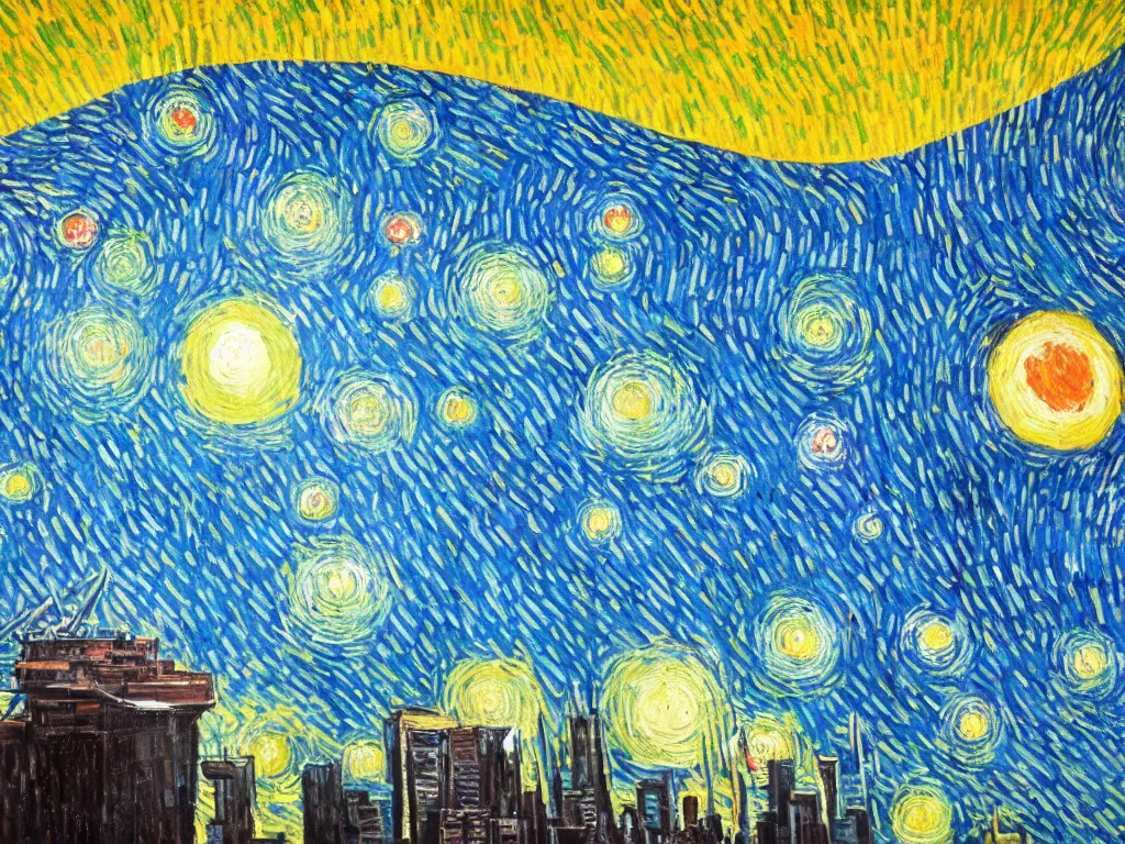 Prompt: bright beautiful oil painting of the death star aims its weapon at new york city in 2 0 1 9, light scatter, van gogh