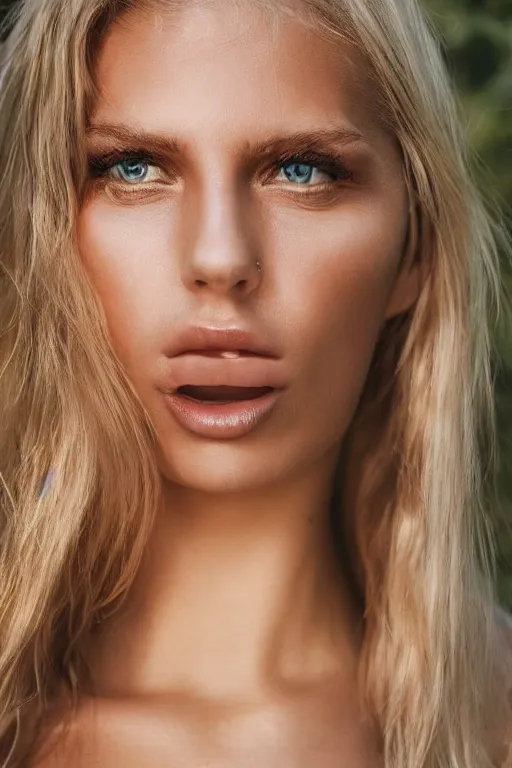 Image similar to olive skinned blonde female model in her twenties with green eyes, wearing a designer top, looking content, focused on her neck, photo realistic, extreme detail skin, natural beauty, no filter, slr, golden hour, 4 k, high definition, selfie