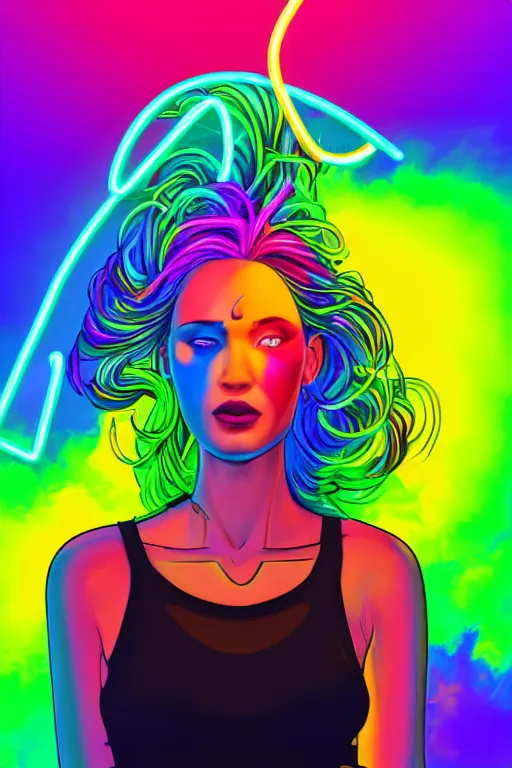 Image similar to a award winning half body portrait of a beautiful woman with stunning eyes in a croptop and cargo pants with rainbow colored ombre hairstyle head in motion and hair flying by thomas danthony, outlined by whirling illuminated neon lines, outrun, vaporware, shaded flat illustration, digital art, trending on artstation, highly detailed, fine detail, intricate