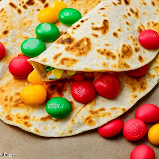 Image similar to first photos of taco bell quesadilla covered in skittles ( eos 5 ds r, iso 1 0 0, f / 8, 1 / 1 2 5, 8 4 mm, postprocessed, 4 k )