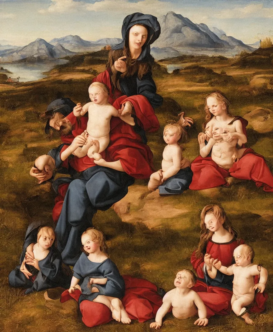 Prompt: Madonna sitting and playing with two small boys in a dried out meadow, boy holding cross, lake, mountains, town in background, in the style of Raffael, oil painting, Italian Renaissance