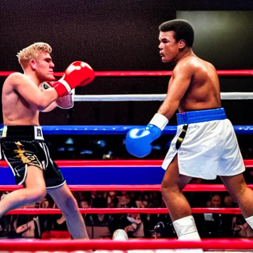 Image similar to jake paul vs mohammed ali, brutal boxing match, sports photography, sweat flying, hd high detail, professional photo