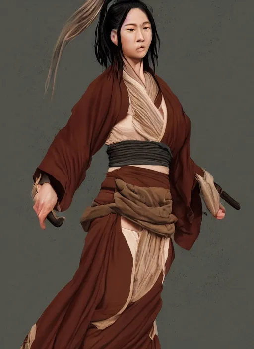 Image similar to female drunken master monk by wlop, wuxia, xianxia, drunken boxing, drunken fist, olive skin, weathered skin, athletic, playful, fully clothed, monk's robe, detailed, realistic, anatomically accurate, fantasy illustration, artstation, wlop.