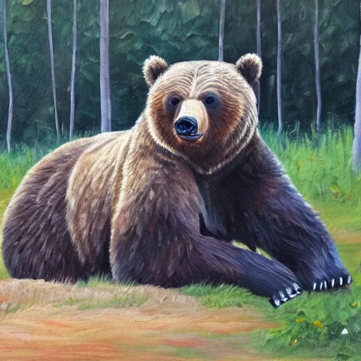 Prompt: a grizzly bear sitting in a couch in the woods, oil painting