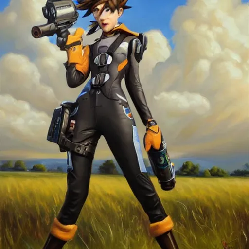 Prompt: oil painting of tracer overwatch in a field, in style of mark arian, expressive face, very detailed face, wearing large detailed black collar, very detailed eyes, full body, feminine face, detailed makeup on eyes,