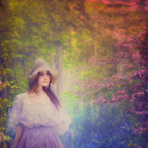 Prompt: an impressionistic photo edit of a dreamy landscape with a woman