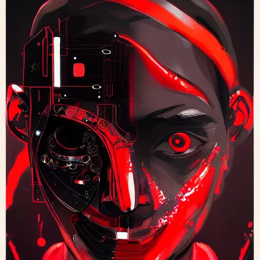 Prompt: potrait of a cyborg with black and red robotic parts, medium shot, asymmetrical, profile picture, organic painting, very anime, during night, matte painting, bold shapes, hard edges, street art, trending on artstation, by huang guangjian and gil elvgren and sachin teng