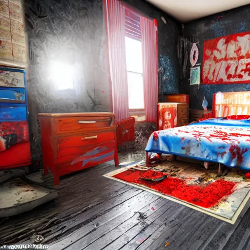 Prompt: male artist's messy, cluttered, dirty bedroom with black wallpaper with blue floral pattern and a big bold red christian cross on the wall. items covering floor. realistic, highly detailed, extreme clear detail, sharp focus, volumetric lighting, full shot, 3 5 mm, unreal engine,