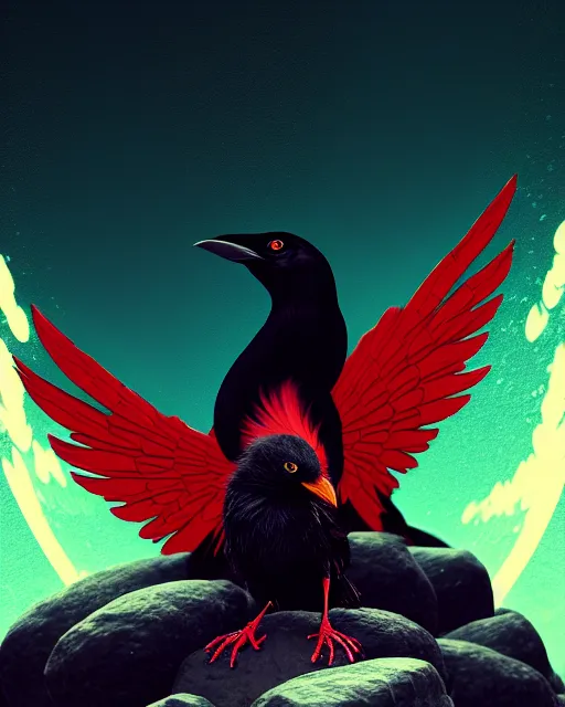 Image similar to beautiful digital fantasy illustration of a black bird with a red background, vanitas, wiccan, tarot card, angel sitting on a rock, abyssal warmth, octane render, detail texture, unreal engine, poster art by victo ngai, 8 k, photographic quality, ultra hyper realistic quality