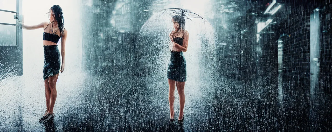 Prompt: hyperdetailed wide ground level photo of a sexy girl wearing a micro skirt and sheer white tank top getting soaked in the rain ttying to open a door with a holographic interface cyber punk style city