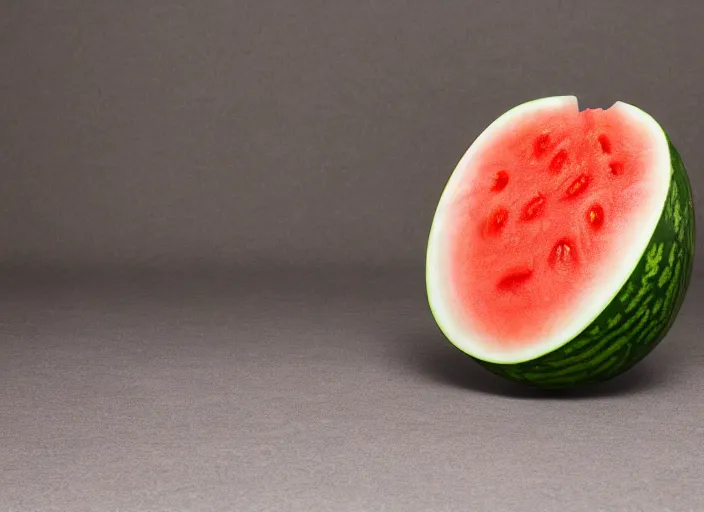 Image similar to photo still of a watermelon with human eyes and mouth, 8 k, studio lighting bright ambient lighting key light, 8 5 mm f 1. 8