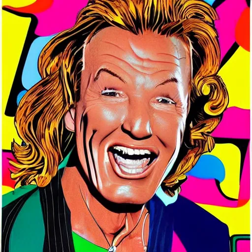 Prompt: handsome, jocelyn wildenstein, pop art poster, vivid colors, cartoon, long chin, big smile