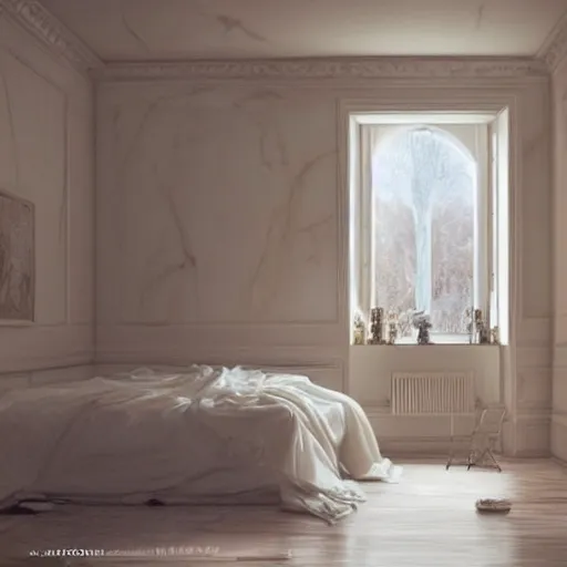 Image similar to cream - colored room, vanilla - colored lighting, soft golden light, marble room, marble slabs, bare room, empty room, studio room, window to night time, night time, warm lighting inside, art by artgerm