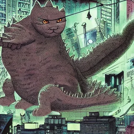 Image similar to cat, Godzilla, destroy city