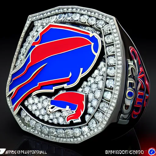 Prompt: Buffalo Bills championship ring, diamonds, sapphires, smooth lighthing, ultradetailed, 4k, trending on artstation, devianart and cgsociety, concept art