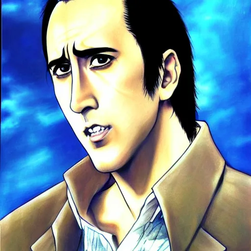 Image similar to beautiful amazing anime portrait painting of nicholas cage in tokyo. by koyoharu gotouge, kohei horikoshi, tatsuya endo, satoshi kon