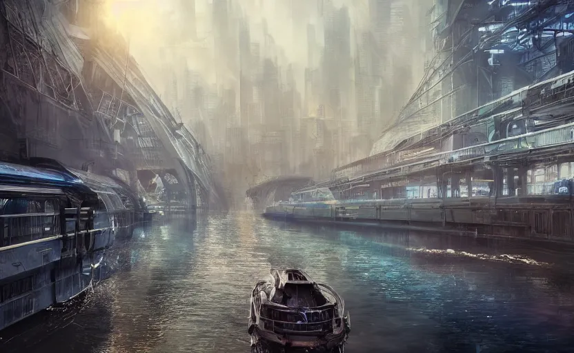 Image similar to An urban train rides inside of a waterway on a fantasy city, hyperrealistic mixed media, stunning 3d render inspired art by P. Craig Russell and Barry Windsor-Smith + perfect facial symmetry + dim volumetric lighting, 8k octane beautifully detailed render, post-processing, extremely hyperdetailed, intricate futuristic mechanic parts, epic composition, grim yet sparkling atmosphere, cinematic lighting + masterpiece, trending on artstation