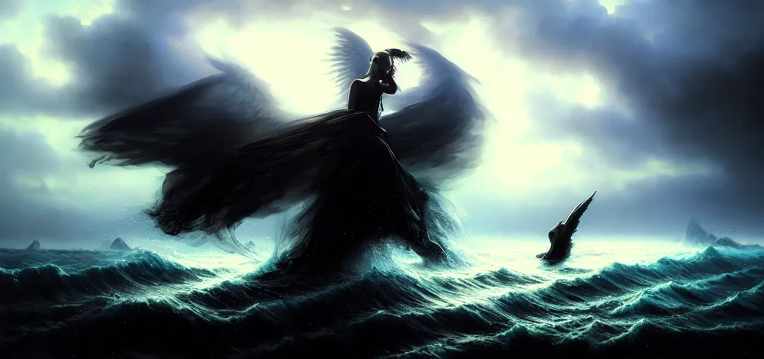 Image similar to 8 k art photography, filmic lighting, cinematic art shot, hyperrealistic, hyperdetailed, super detailed, uhd, uhd, 8 k, high resolution, a fallen angel in black fluid simulation, painting by ross tran and ivan aivazovsky, black water