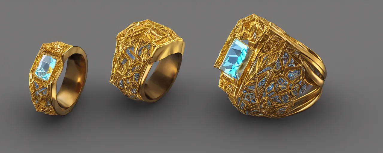 Image similar to simple golden magic crystal ring, radiant cut, ice, blue, gold, smooth shank, crystal, engravings, diamonds, product design, jewelry, colorful, art by gerald brom, greg rutkowski and artgerm, photo realism, unreal engine, c 4 d