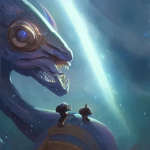 Image similar to 4 k digital artwork of aurelion sol in the cosmos staring at the camera by greg rutkowski