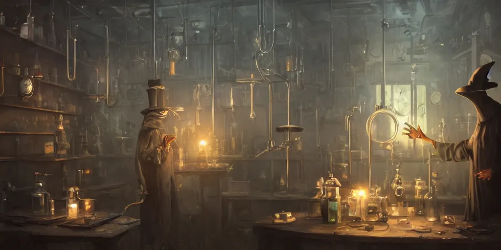 Prompt: a plague doctor and a humanoid rat in a laboratory with lots of flasks filled with magic liquids, stephen bliss, unreal engine, fantasy art by greg rutkowski, loish, rhads, ferdinand knab, ilya kuvshinov, rossdraws, tom bagshaw, global illumination, radiant soft light, detailed and intricate environment