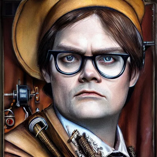 Prompt: dwight schrute steampunk portraiture, 4k hd artwork, featured on artstation, hyperrealistic