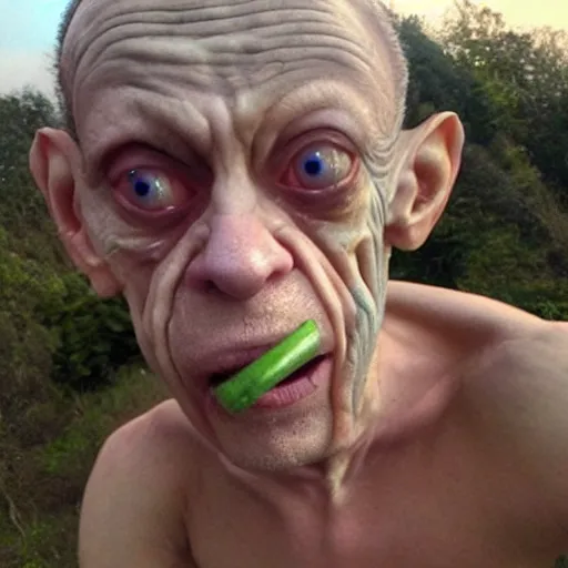 Prompt: gollum with cigarette selfie