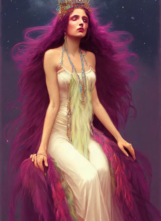 Prompt: ombre velvet gown, feathers, lovely bohemian princess, portrait, long white hair, tiara, dozens of jeweled necklaces, feral languid woman, by greg rutkowski, brom, anato finnstark, alphonse mucha