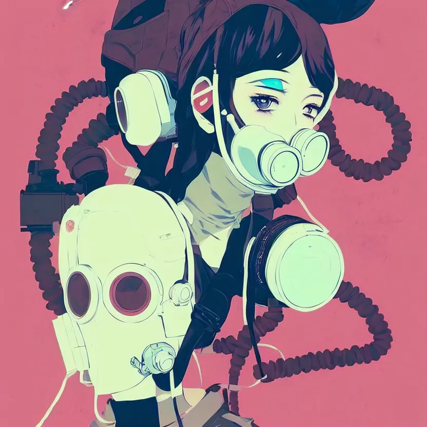 Image similar to singular girl with wearing gas mask, very anime!!! anime!! intricate details, aesthetically pleasing pastel colors, poster background, art by conrad roset and ilya kuvshinov